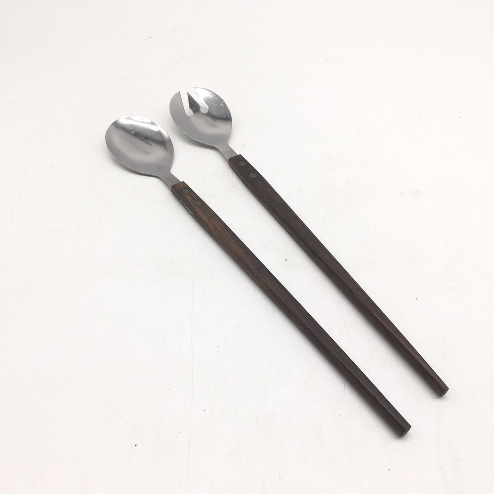 MCM 12” Teak Wood  Handle Stainless Salad Server Set Made In Japan Mid Century